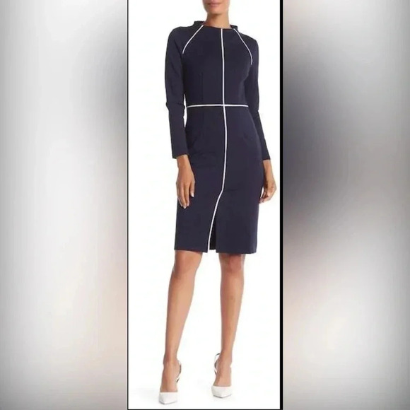 Monique Lagarde Tailored Contrast Stitch Navy and White Long Sleeve Dress Size L - Picture 10 of 12